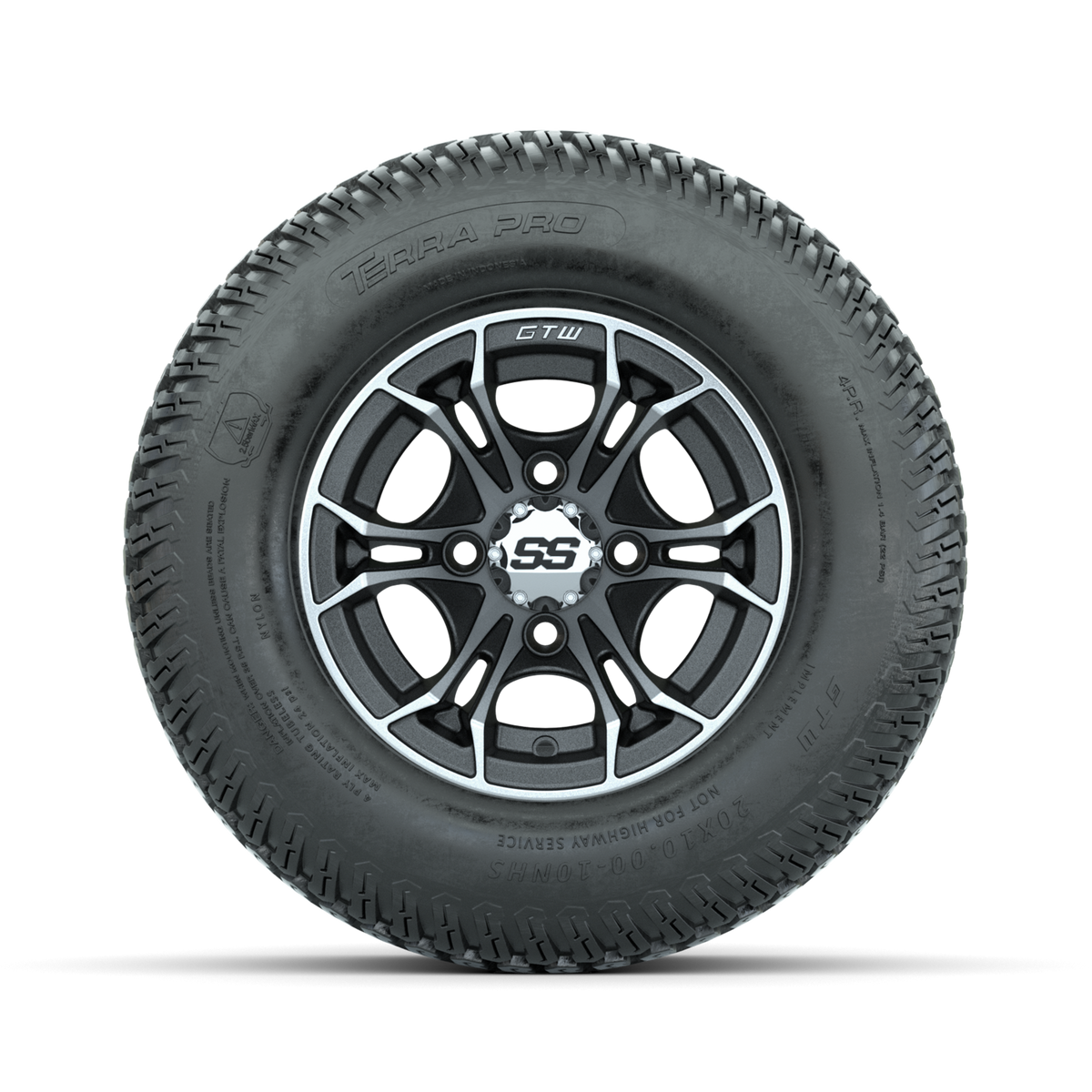 GTW Spyder Machined/Matte Grey 10 in Wheels with 20x10-10 Terra Pro S-Tread Traction Tires  Full Set