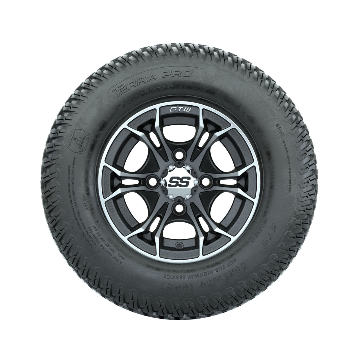 GTW Spyder Machined/Matte Grey 10 in Wheels with 20x10-10 Terra Pro S-Tread Traction Tires  Full Set