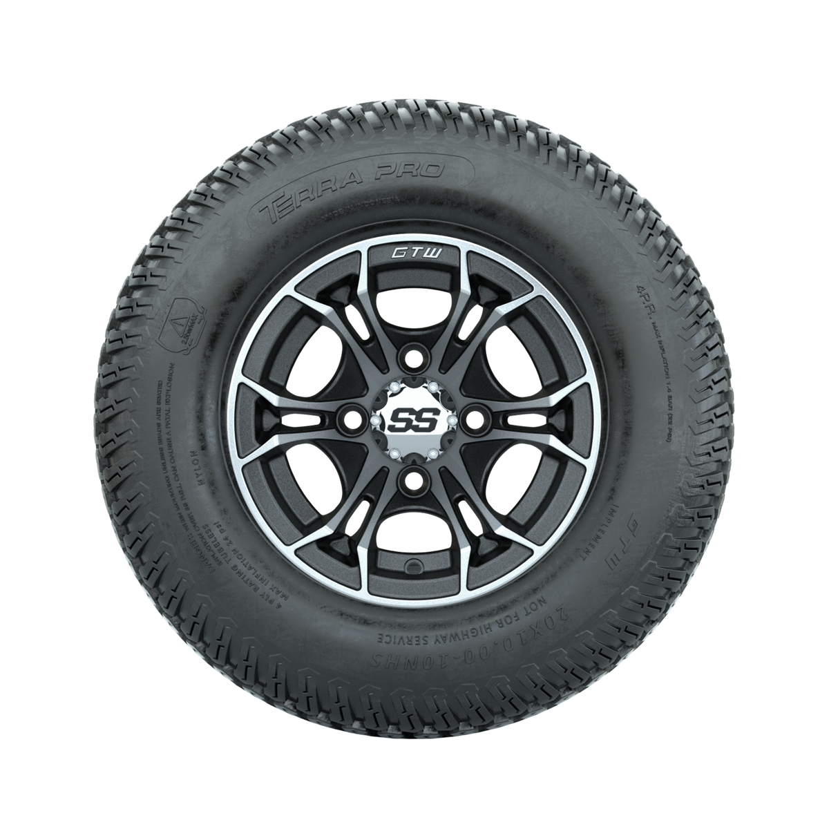 GTW Spyder Machined/Matte Grey 10 in Wheels with 20x10-10 Terra Pro S-Tread Traction Tires  Full Set