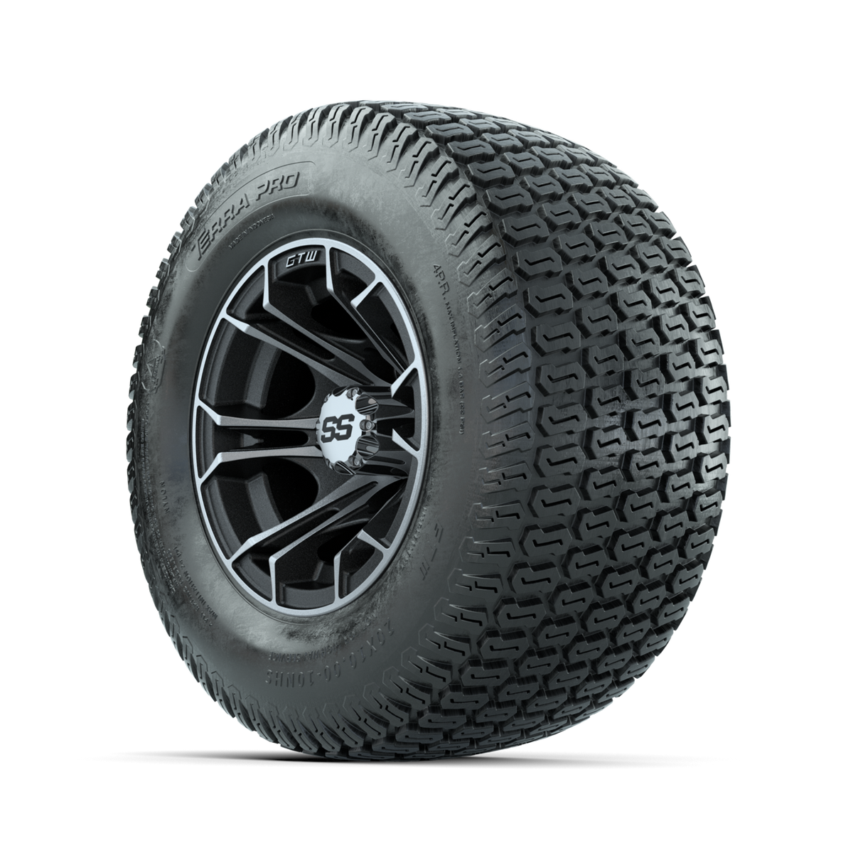 GTW Spyder Machined/Matte Grey 10 in Wheels with 20x10-10 Terra Pro S-Tread Traction Tires  Full Set