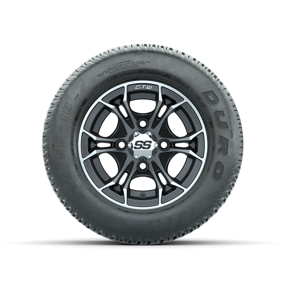 GTW Spyder Machined/Matte Grey 10 in Wheels with 205/50-10 Duro Low-profile Tires Full Set