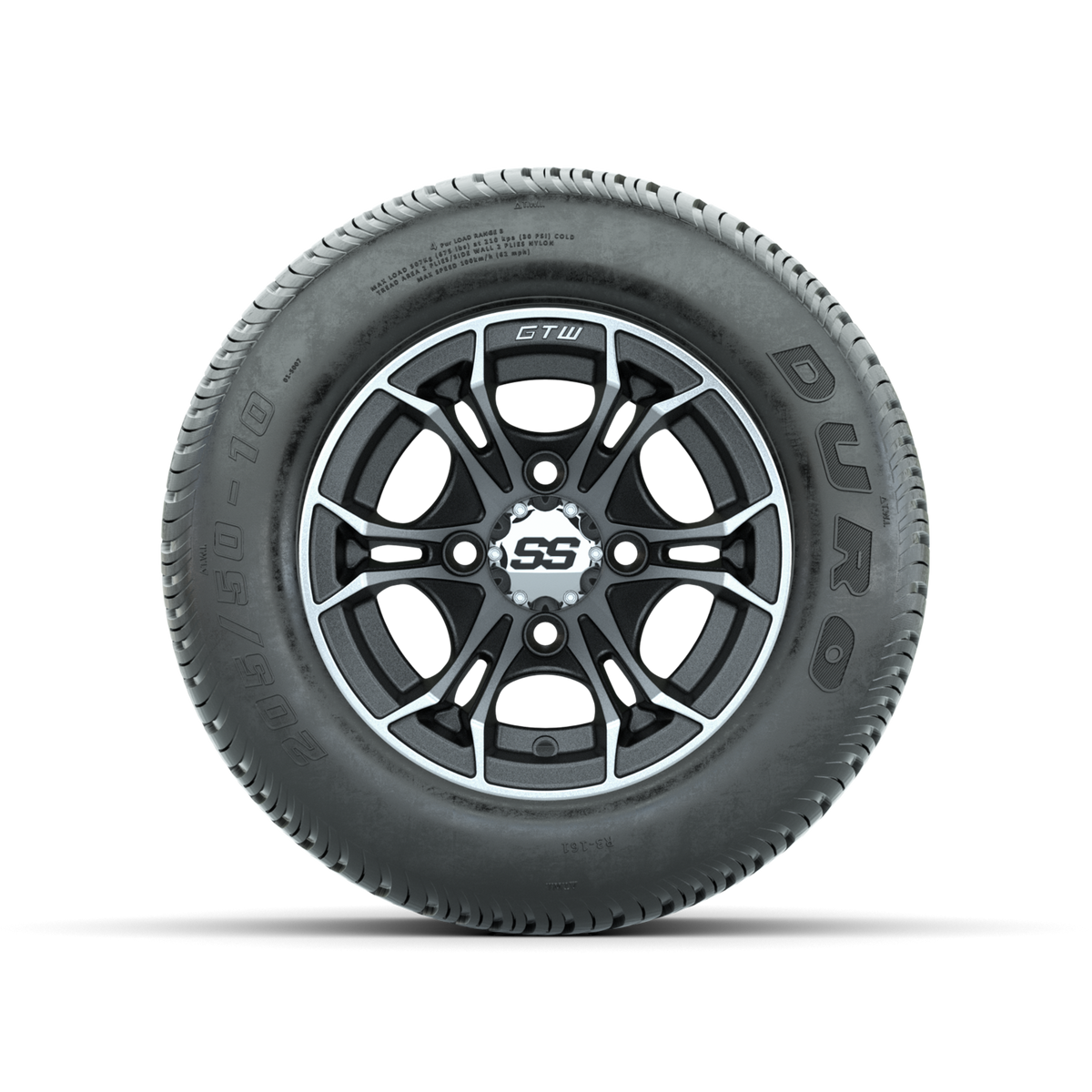 GTW Spyder Machined/Matte Grey 10 in Wheels with 205/50-10 Duro Low-profile Tires Full Set