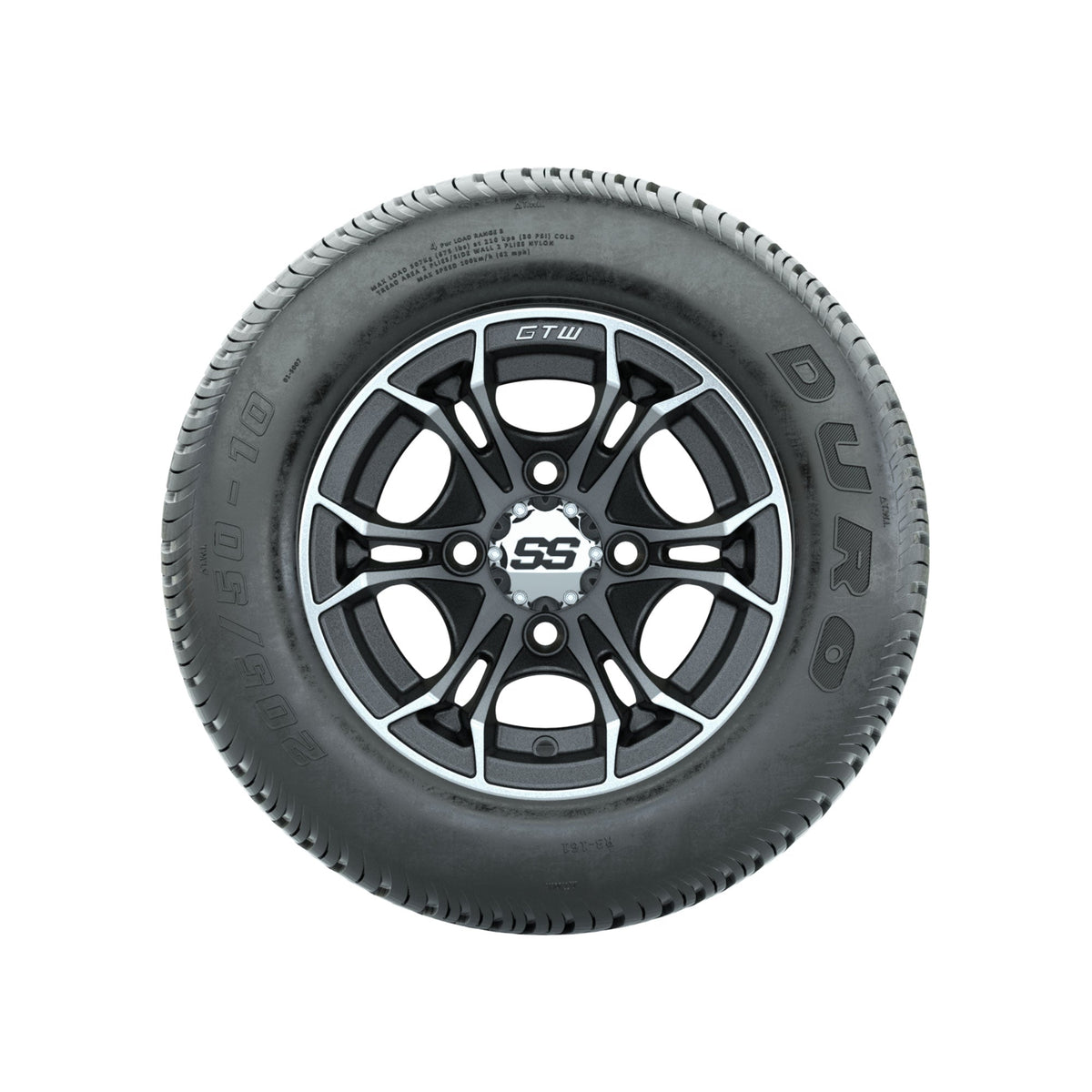 GTW Spyder Machined/Matte Grey 10 in Wheels with 205/50-10 Duro Low-profile Tires Full Set