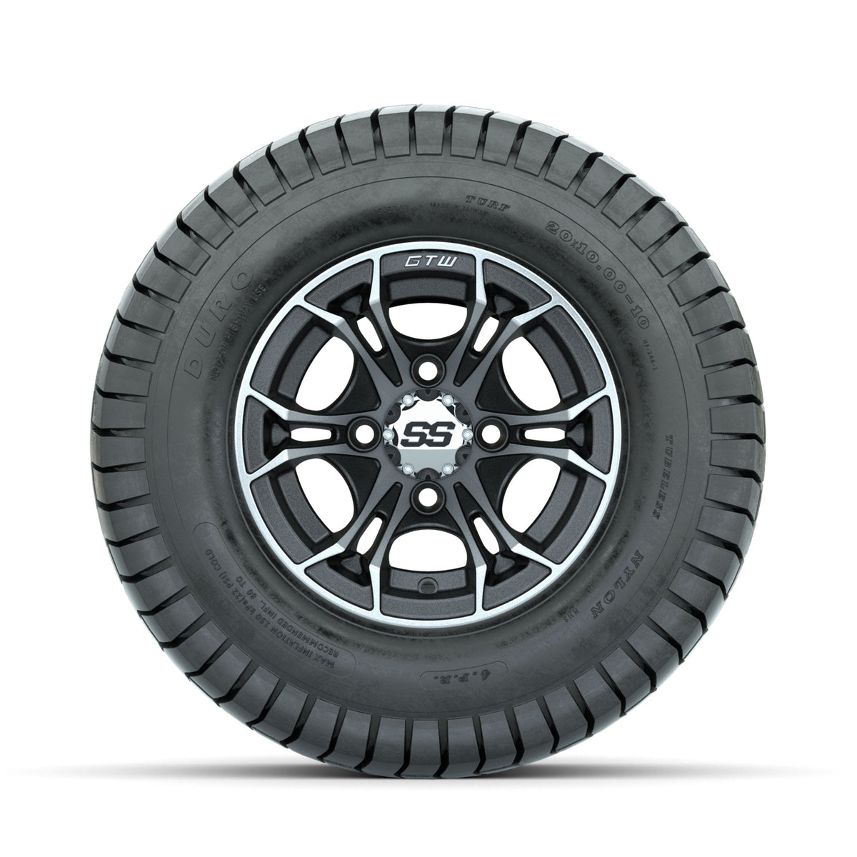 GTW Spyder Machined/Matte Grey 10 in Wheels with 20x10-10 Duro Soft Street Tires Full Set
