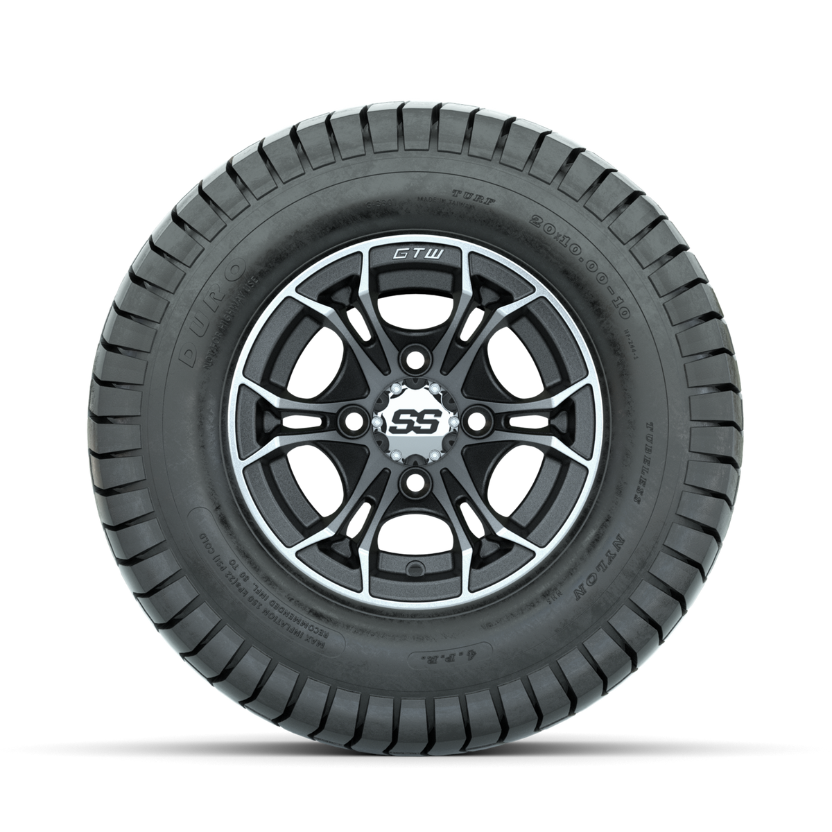 GTW Spyder Machined/Matte Grey 10 in Wheels with 20x10-10 Duro Soft Street Tires Full Set
