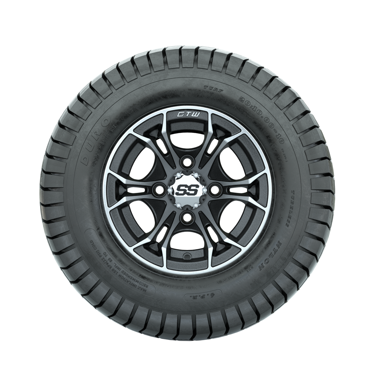GTW Spyder Machined/Matte Grey 10 in Wheels with 20x10-10 Duro Soft Street Tires Full Set