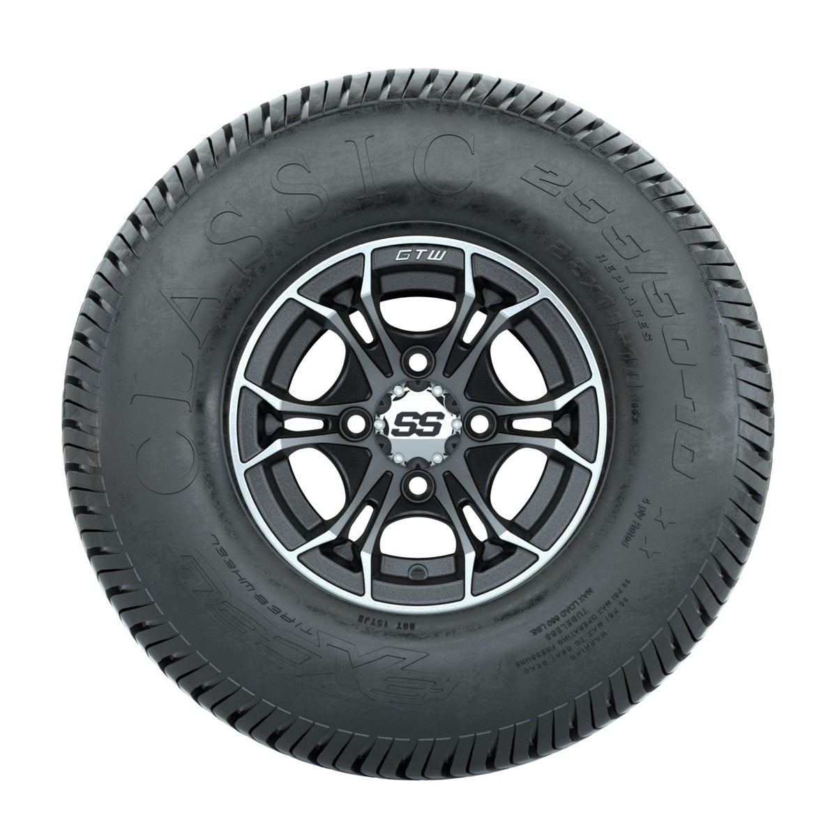 GTW Spyder Machined/Matte Grey 10 in Wheels with 22x11-10 Excel Classic Street Tires Full Set
