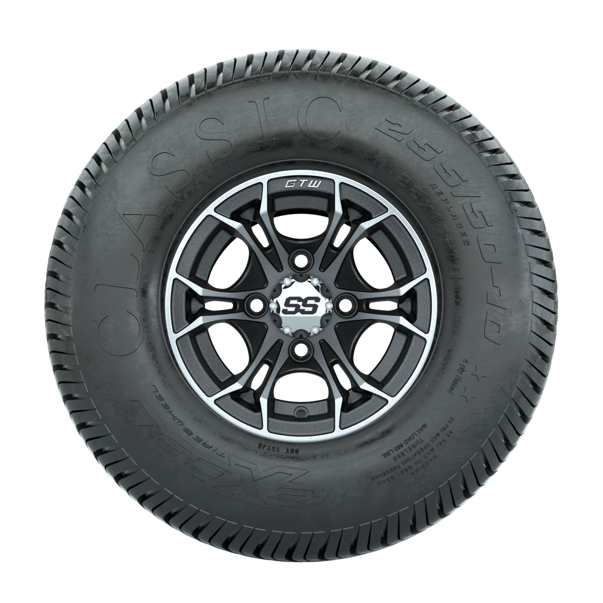 GTW Spyder Machined/Matte Grey 10 in Wheels with 22x11-10 Excel Classic Street Tires Full Set