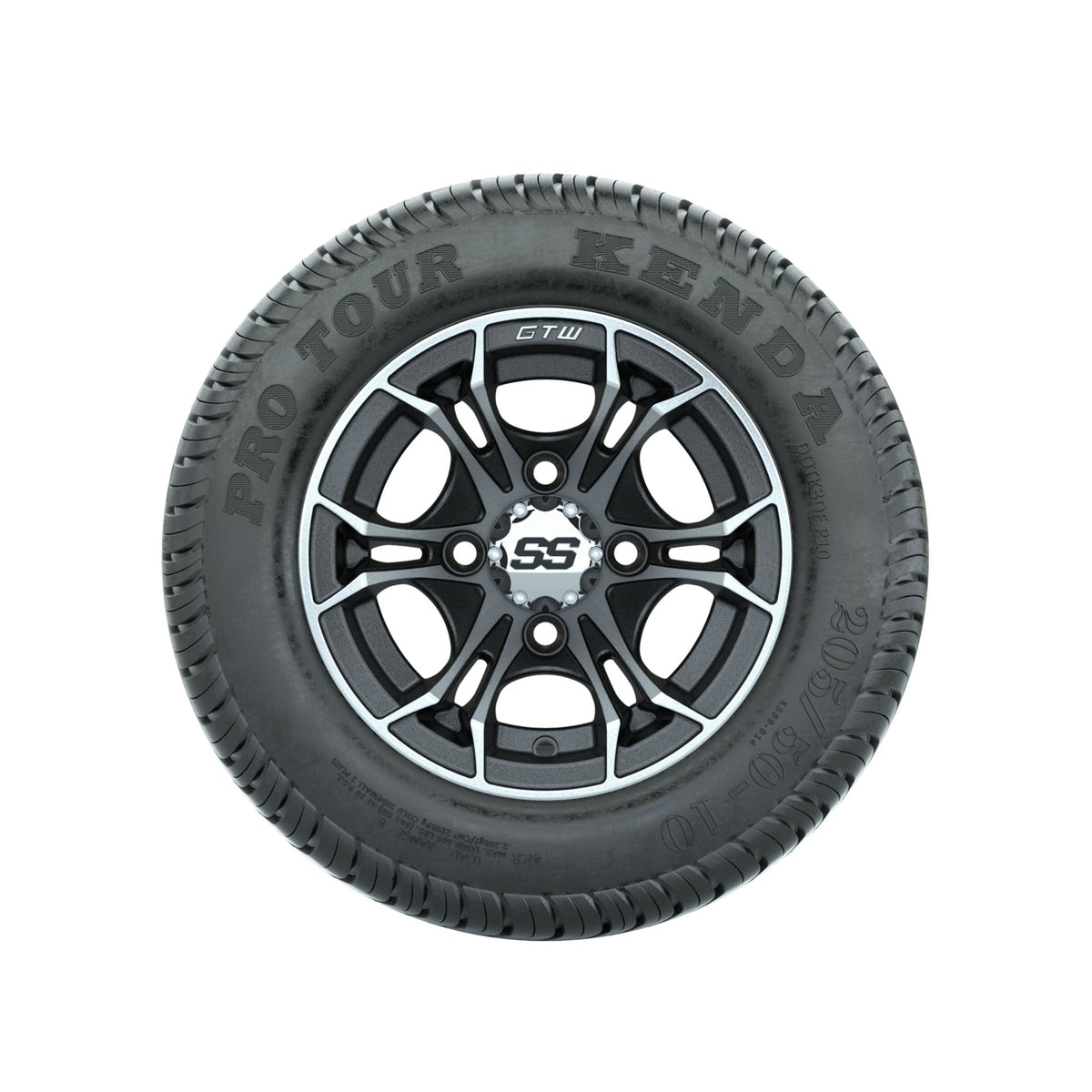 GTW Spyder Machined/Matte Grey 10 in Wheels with 205/50-10 Kenda Pro Tour Low-profile Tires Full Set