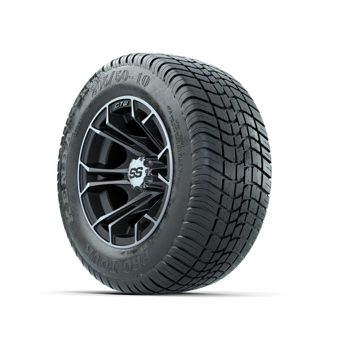 GTW Spyder Machined/Matte Grey 10 in Wheels with 205/50-10 Kenda Pro Tour Low-profile Tires Full Set