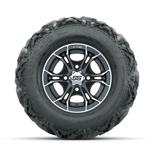 GTW Spyder Machined/Matte Grey 10 in Wheels with 20x10-10 Barrage Mud Tires Full Set