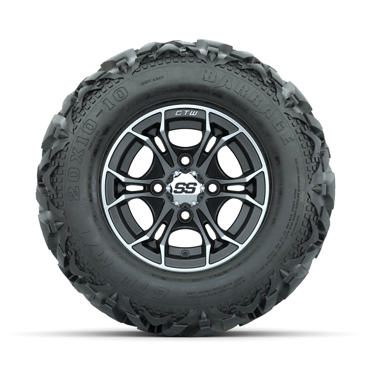 GTW Spyder Machined/Matte Grey 10 in Wheels with 20x10-10 Barrage Mud Tires Full Set