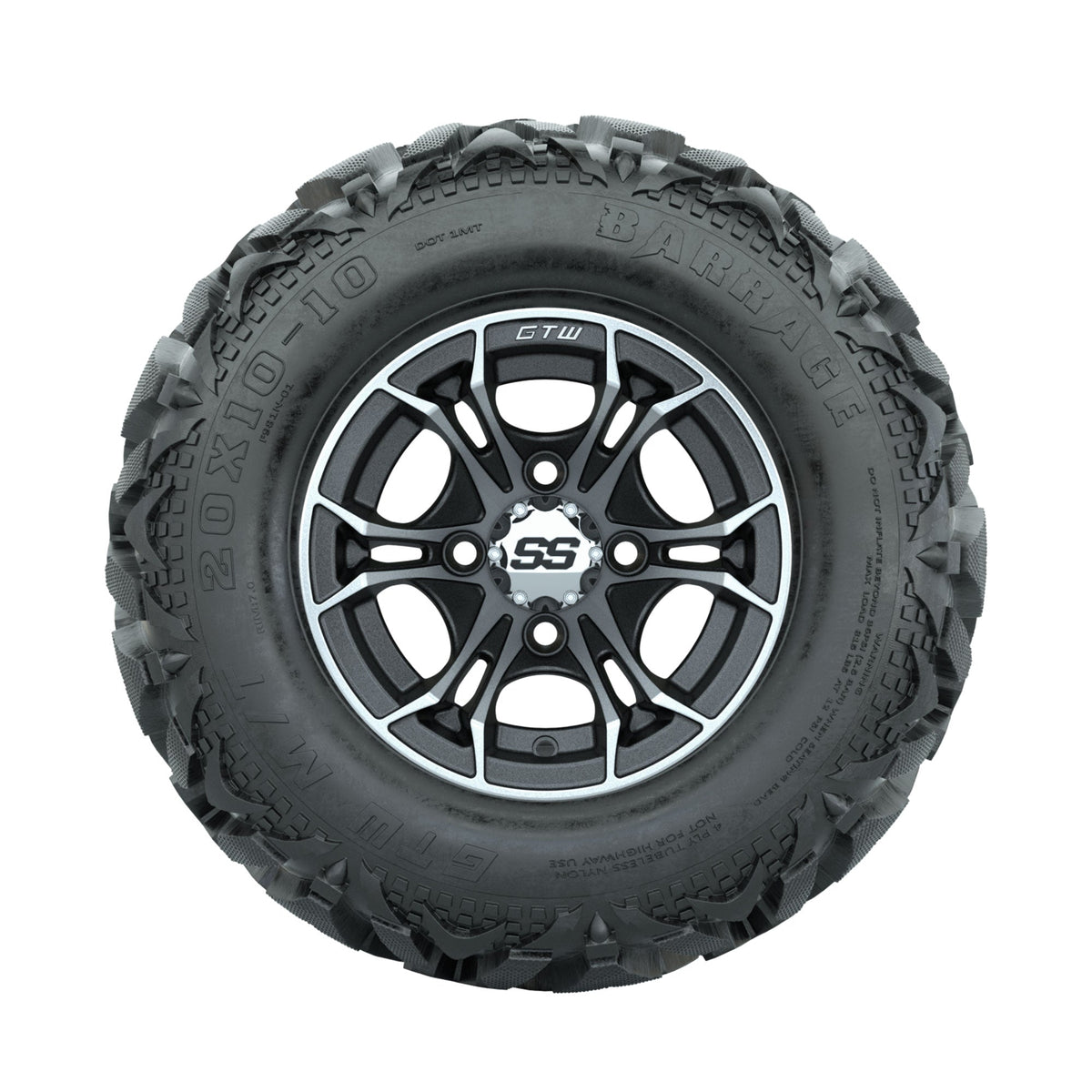 GTW Spyder Machined/Matte Grey 10 in Wheels with 20x10-10 Barrage Mud Tires Full Set