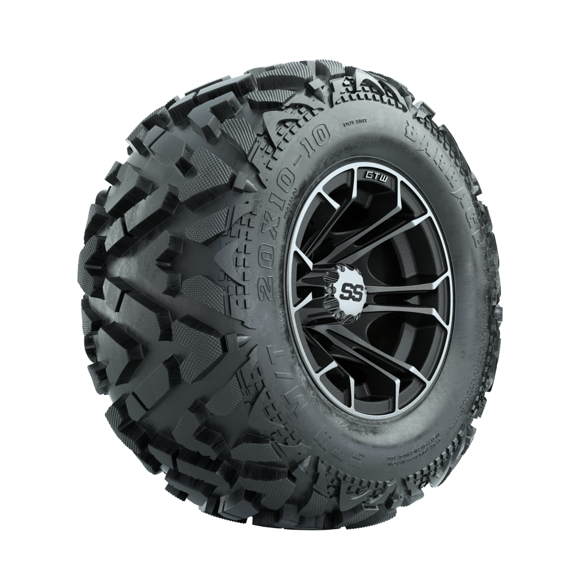 GTW Spyder Machined/Matte Grey 10 in Wheels with 20x10-10 Barrage Mud Tires Full Set