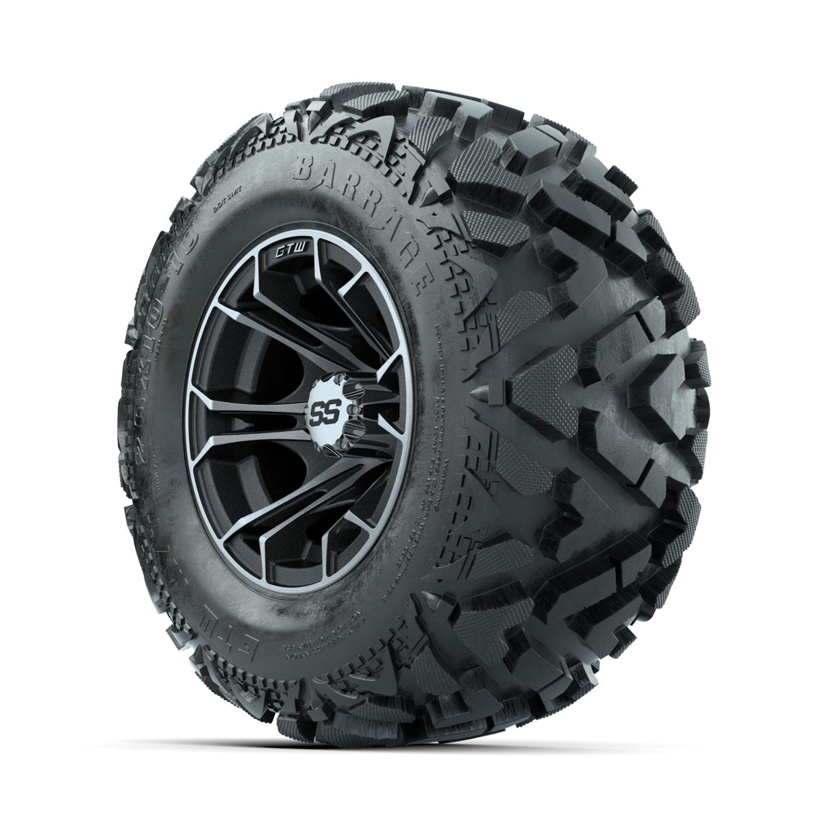 GTW Spyder Machined/Matte Grey 10 in Wheels with 20x10-10 Barrage Mud Tires Full Set