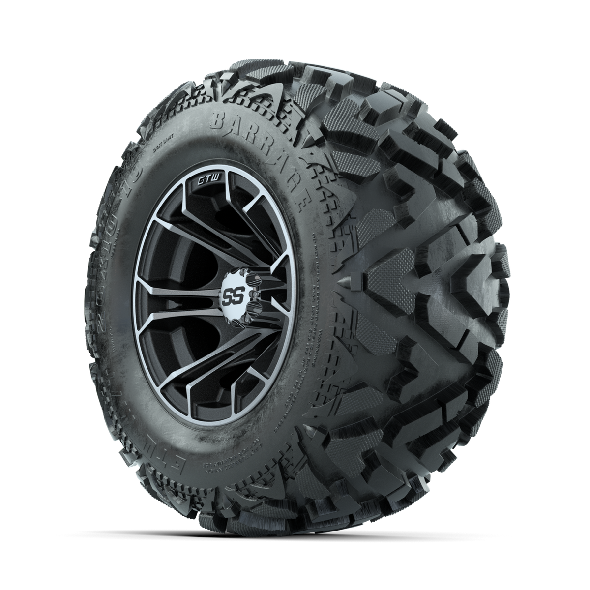 GTW Spyder Machined/Matte Grey 10 in Wheels with 20x10-10 Barrage Mud Tires Full Set