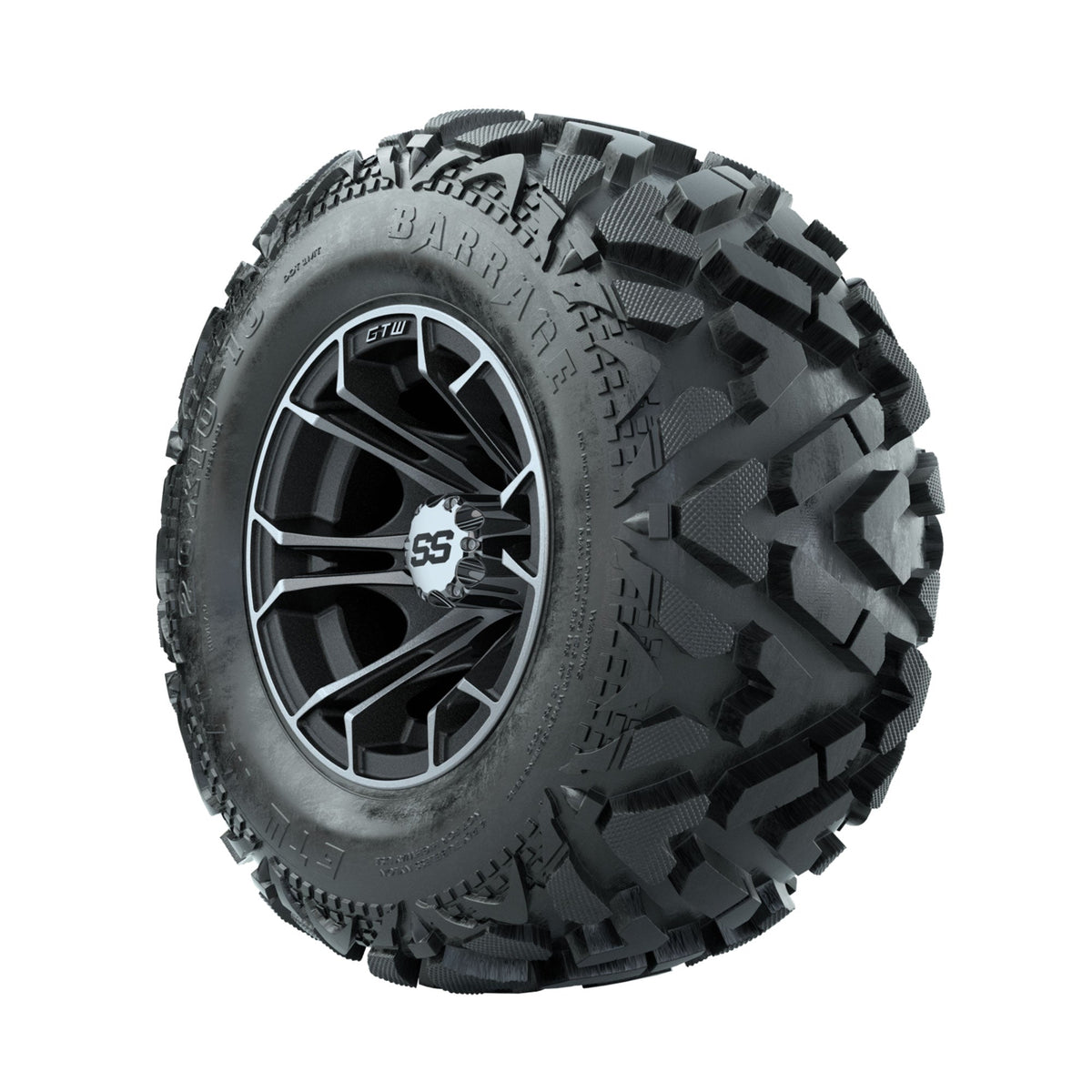GTW Spyder Machined/Matte Grey 10 in Wheels with 20x10-10 Barrage Mud Tires Full Set
