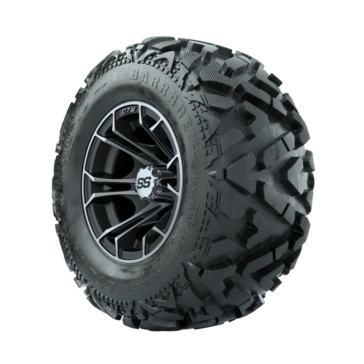 GTW Spyder Machined/Matte Grey 10 in Wheels with 20x10-10 Barrage Mud Tires Full Set