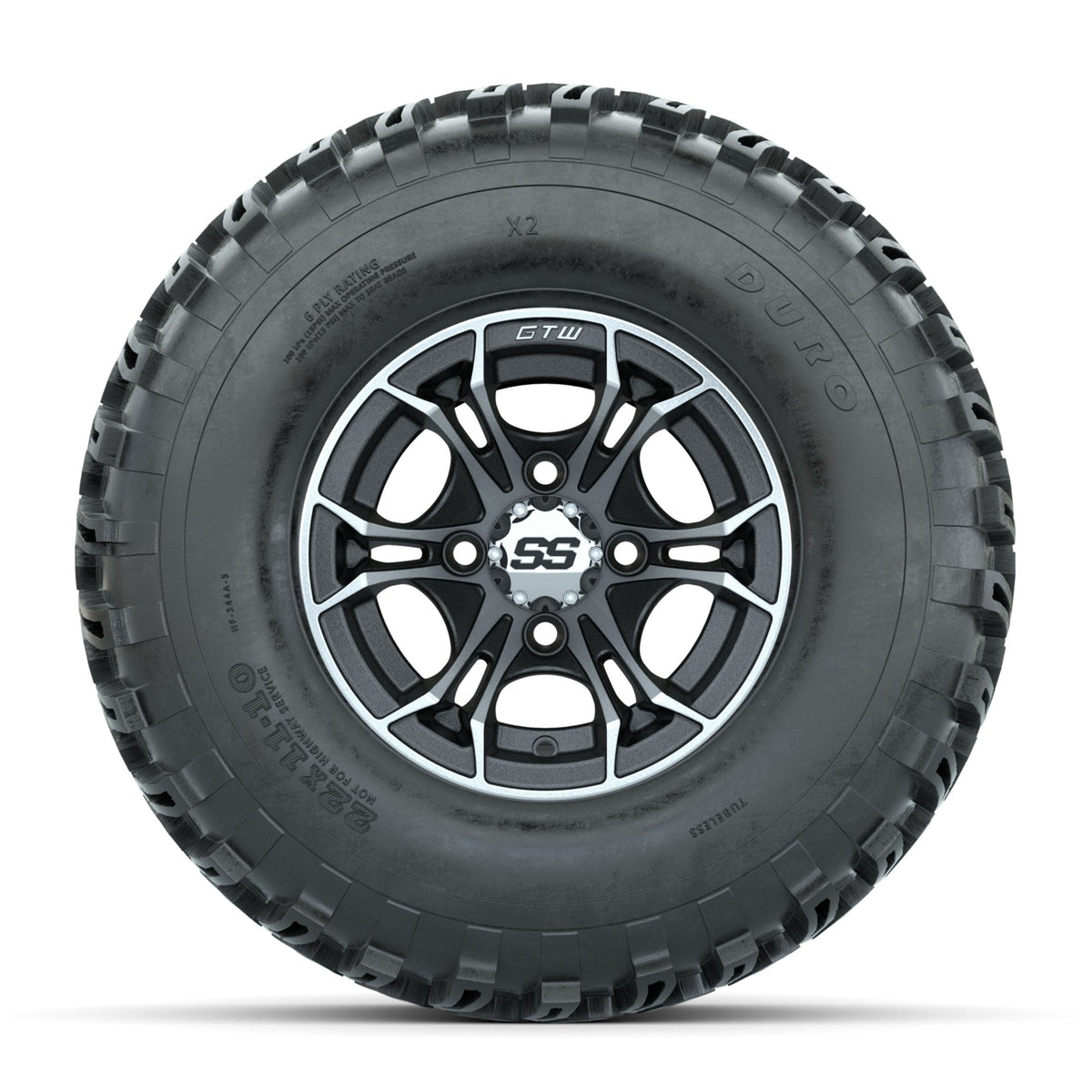 GTW Spyder Machined/Matte Grey 10 in Wheels with 22x11-10 Duro Desert All Terrain Tires Full Set