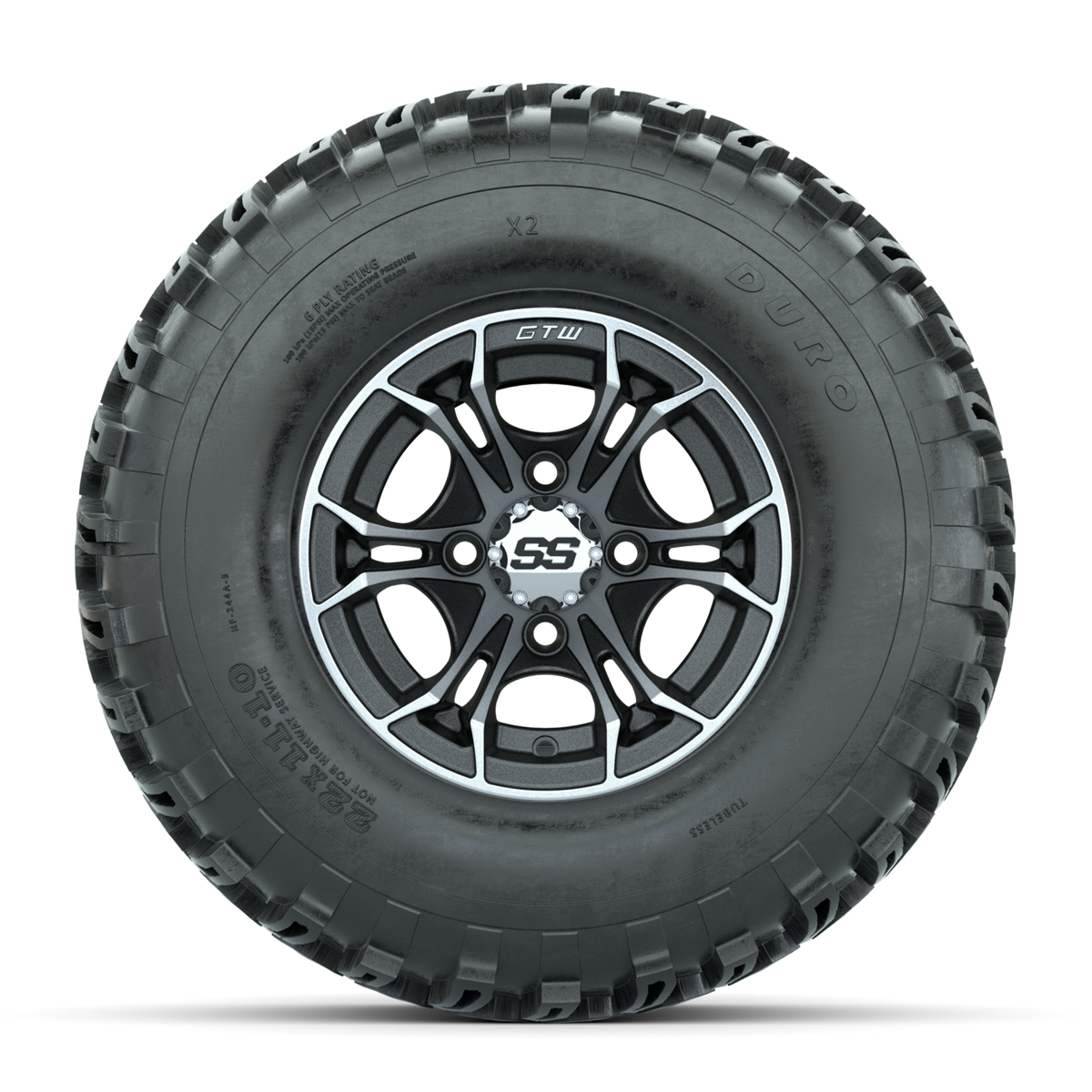 GTW Spyder Machined/Matte Grey 10 in Wheels with 22x11-10 Duro Desert All Terrain Tires Full Set