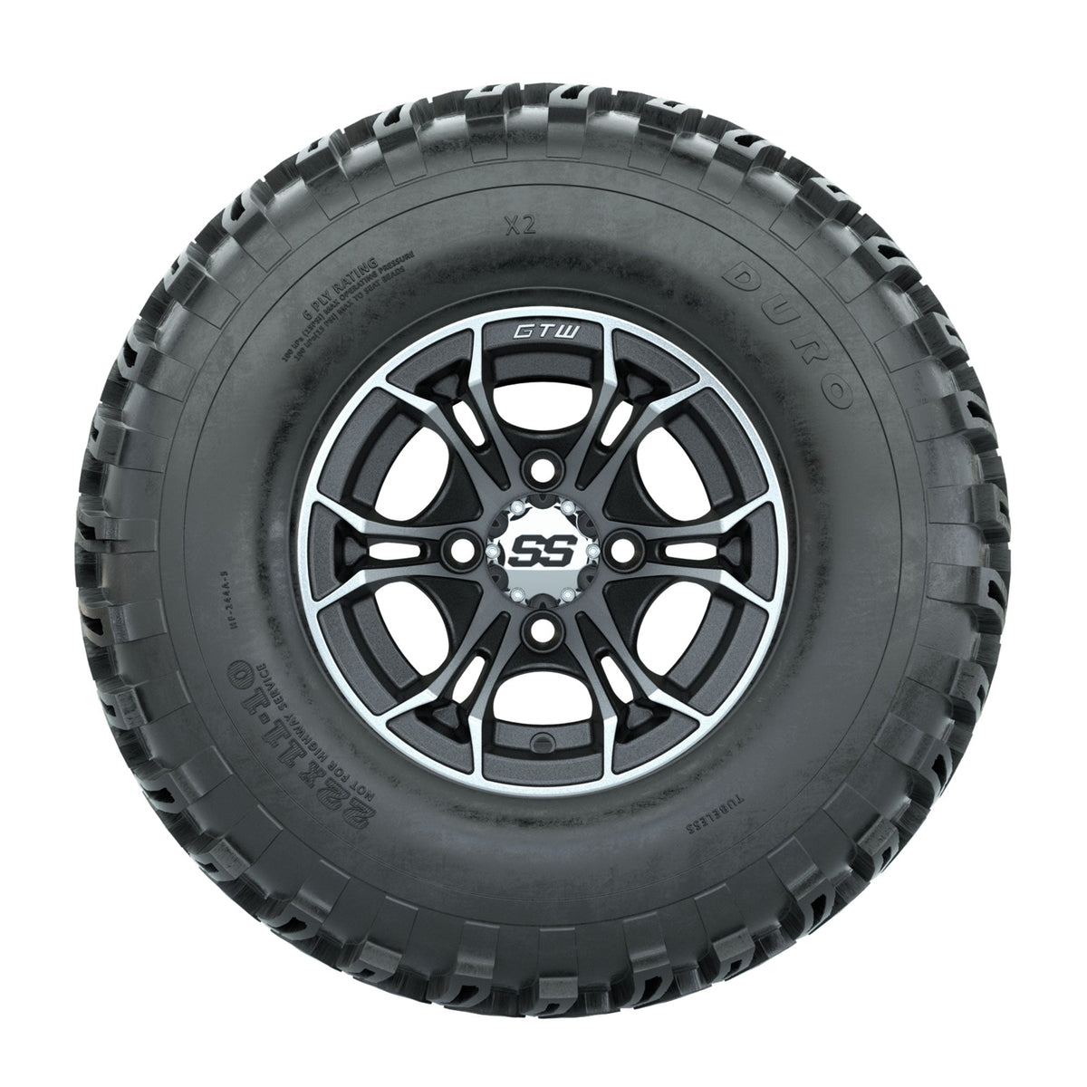 GTW Spyder Machined/Matte Grey 10 in Wheels with 22x11-10 Duro Desert All Terrain Tires Full Set