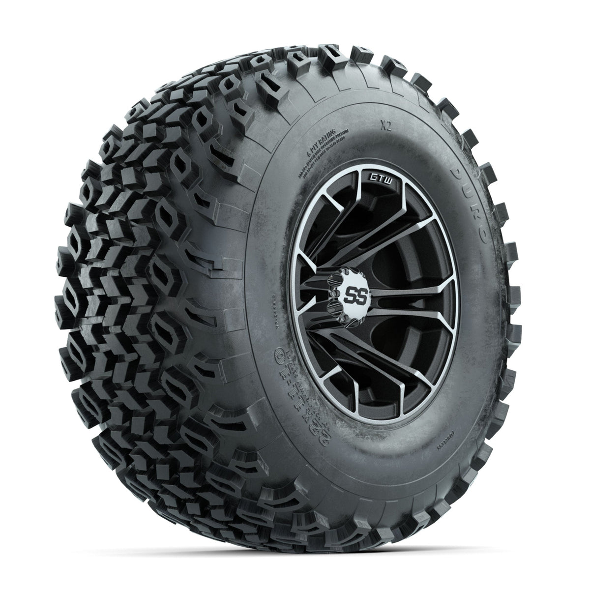 GTW Spyder Machined/Matte Grey 10 in Wheels with 22x11-10 Duro Desert All Terrain Tires Full Set