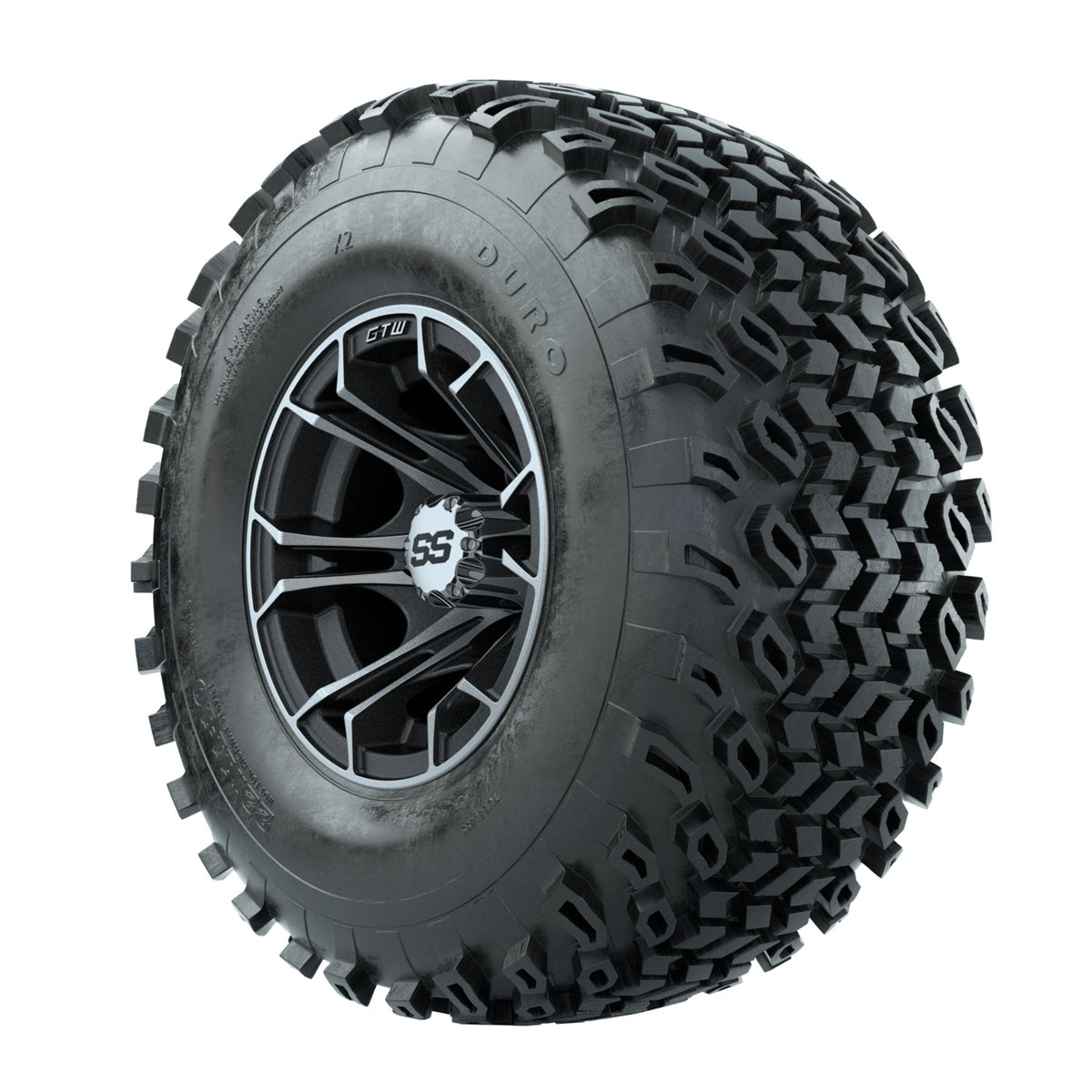 GTW Spyder Machined/Matte Grey 10 in Wheels with 22x11-10 Duro Desert All Terrain Tires Full Set