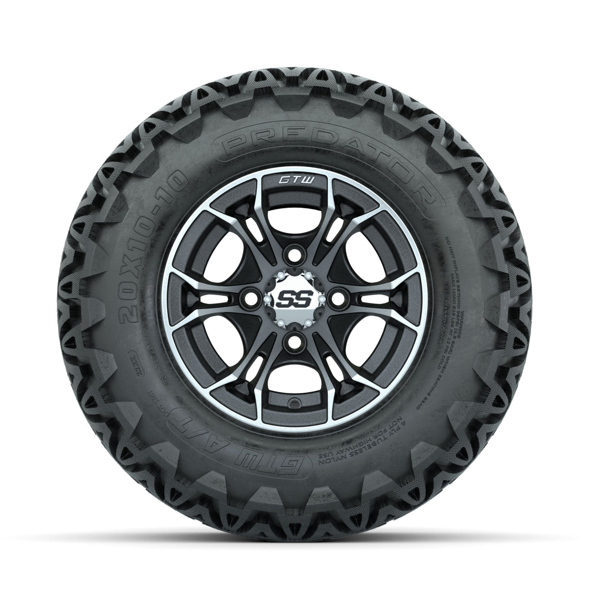 GTW Spyder Machined/Matte Grey 10 in Wheels with 20x10-10 Predator All Terrain Tires Full Set