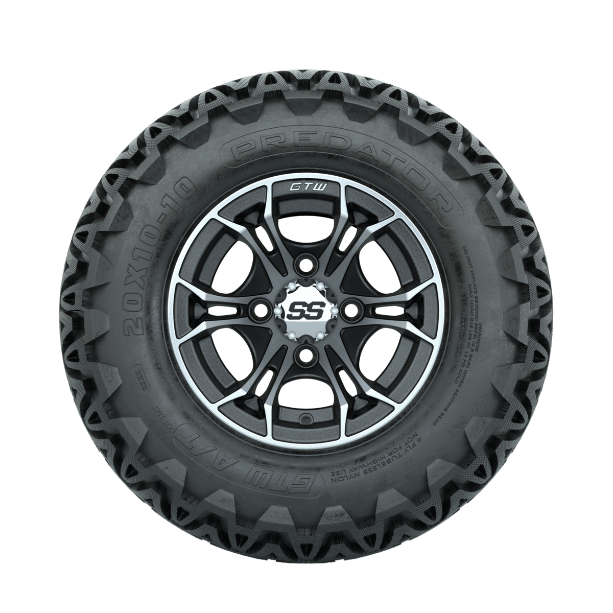 GTW Spyder Machined/Matte Grey 10 in Wheels with 20x10-10 Predator All Terrain Tires Full Set