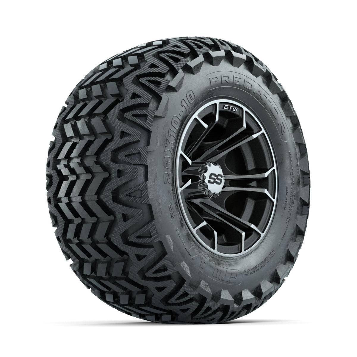 GTW Spyder Machined/Matte Grey 10 in Wheels with 20x10-10 Predator All Terrain Tires Full Set