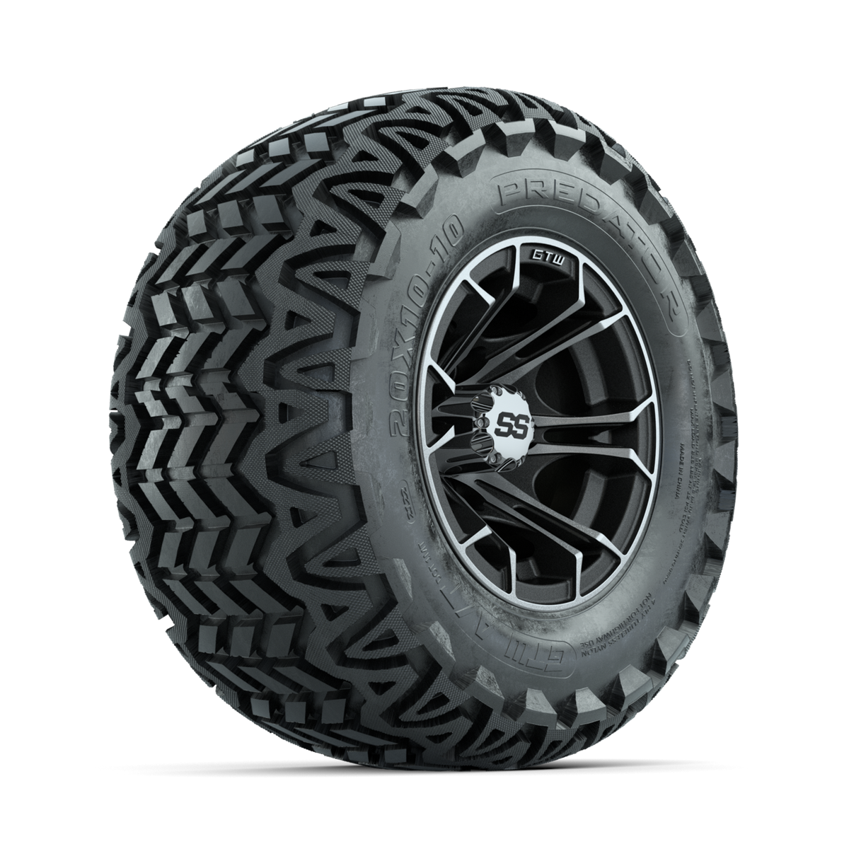 GTW Spyder Machined/Matte Grey 10 in Wheels with 20x10-10 Predator All Terrain Tires Full Set