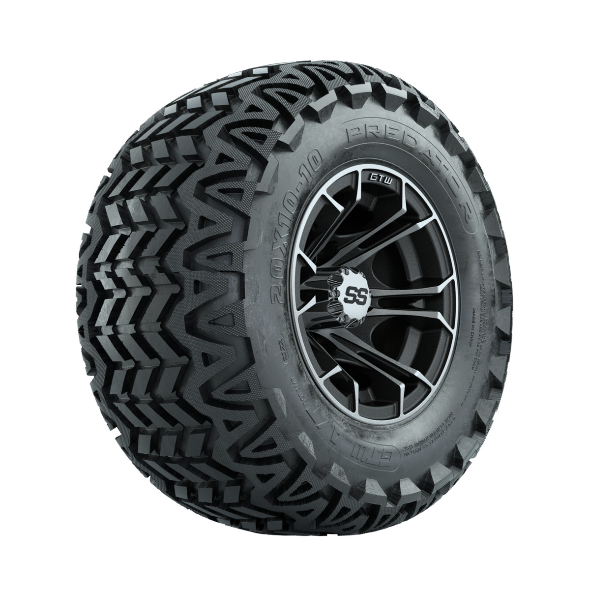 GTW Spyder Machined/Matte Grey 10 in Wheels with 20x10-10 Predator All Terrain Tires Full Set