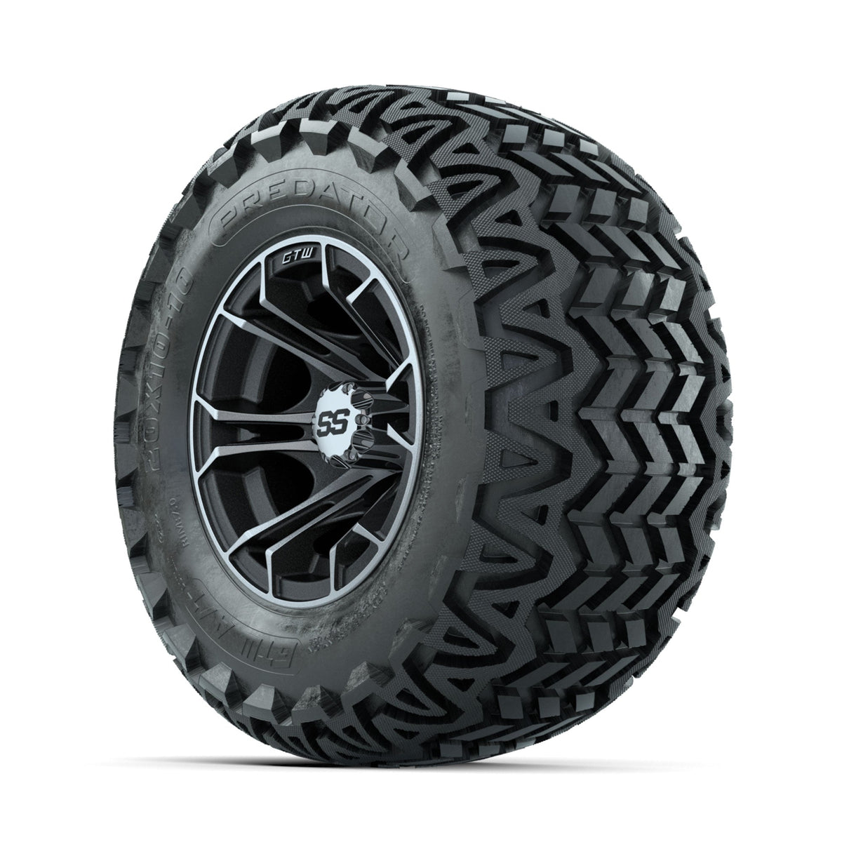 GTW Spyder Machined/Matte Grey 10 in Wheels with 20x10-10 Predator All Terrain Tires Full Set
