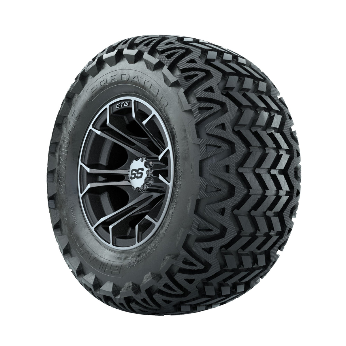 GTW Spyder Machined/Matte Grey 10 in Wheels with 20x10-10 Predator All Terrain Tires Full Set