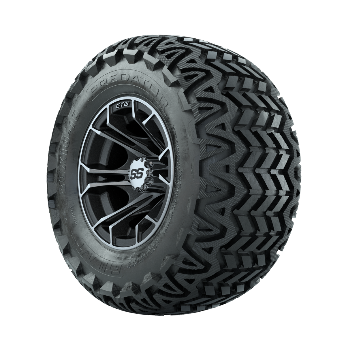 GTW Spyder Machined/Matte Grey 10 in Wheels with 20x10-10 Predator All Terrain Tires Full Set