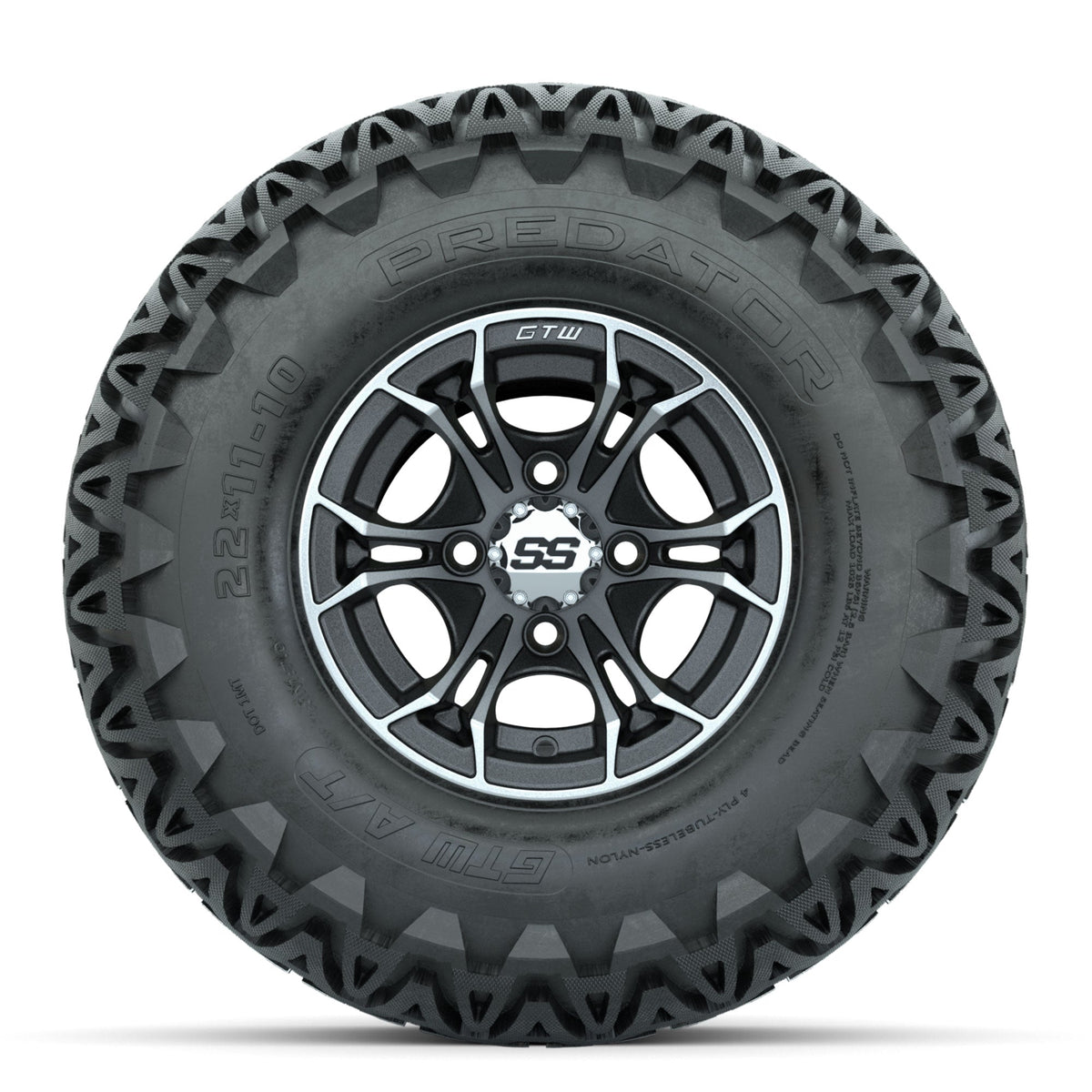 GTW Spyder Machined/Matte Grey 10 in Wheels with 22x11-10 Predator All Terrain Tires Full Set