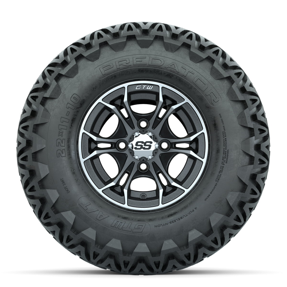GTW Spyder Machined/Matte Grey 10 in Wheels with 22x11-10 Predator All Terrain Tires Full Set