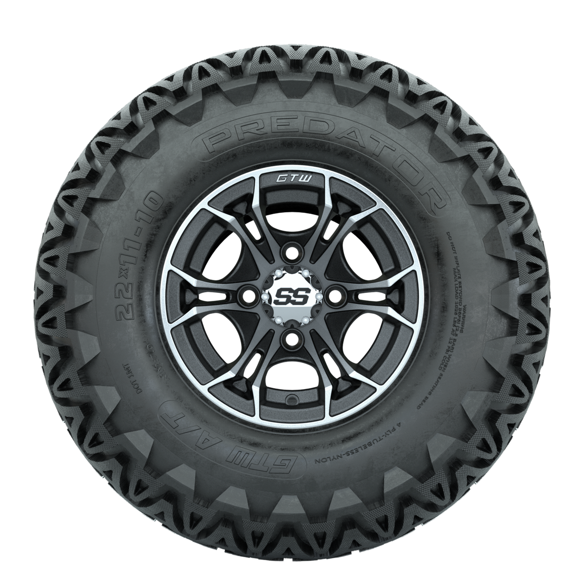 GTW Spyder Machined/Matte Grey 10 in Wheels with 22x11-10 Predator All Terrain Tires Full Set