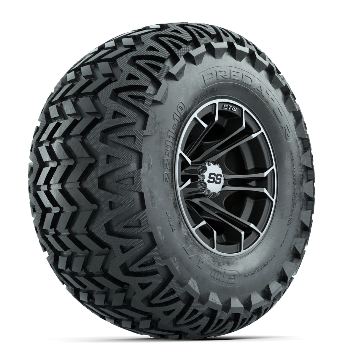 GTW Spyder Machined/Matte Grey 10 in Wheels with 22x11-10 Predator All Terrain Tires Full Set