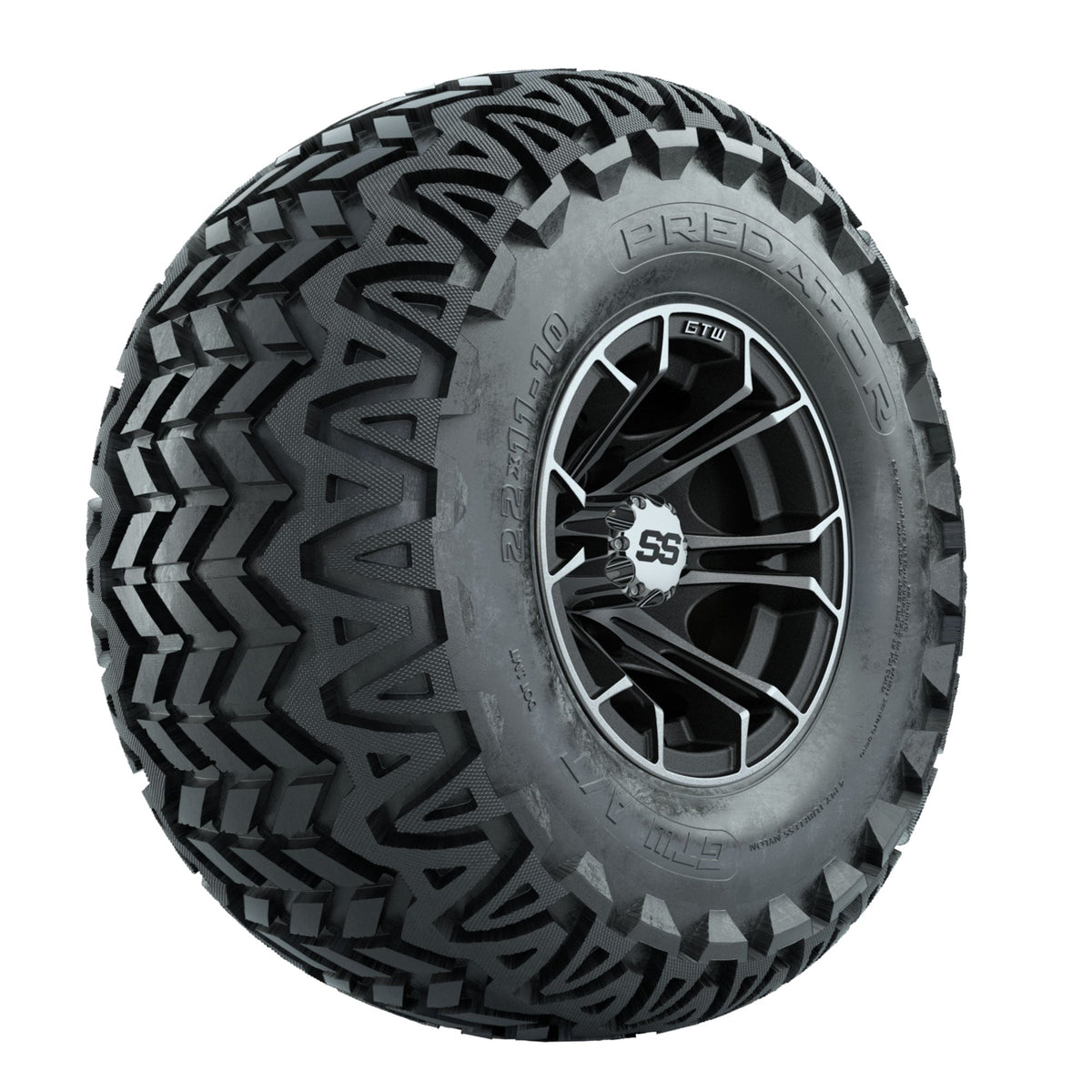 GTW Spyder Machined/Matte Grey 10 in Wheels with 22x11-10 Predator All Terrain Tires Full Set