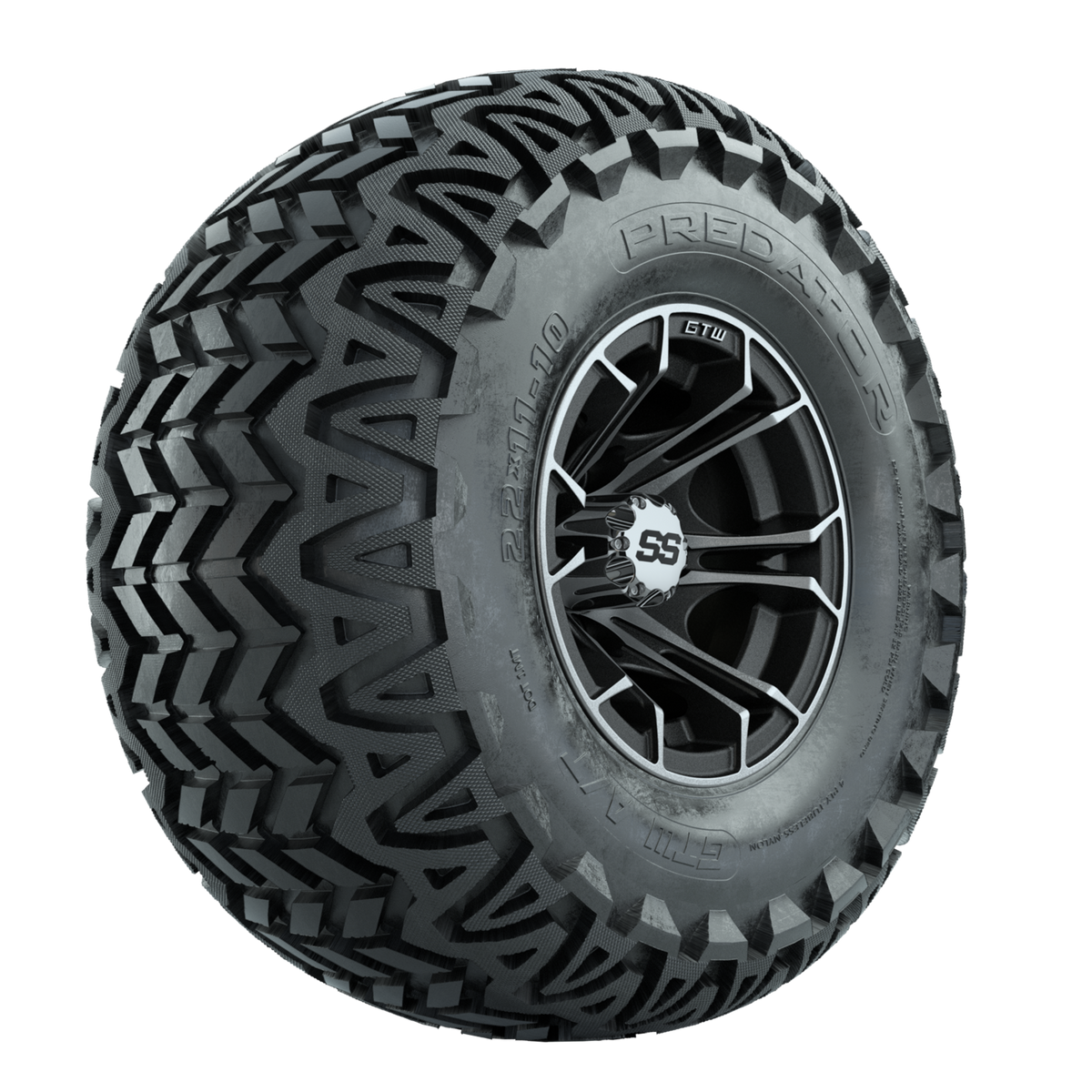 GTW Spyder Machined/Matte Grey 10 in Wheels with 22x11-10 Predator All Terrain Tires Full Set