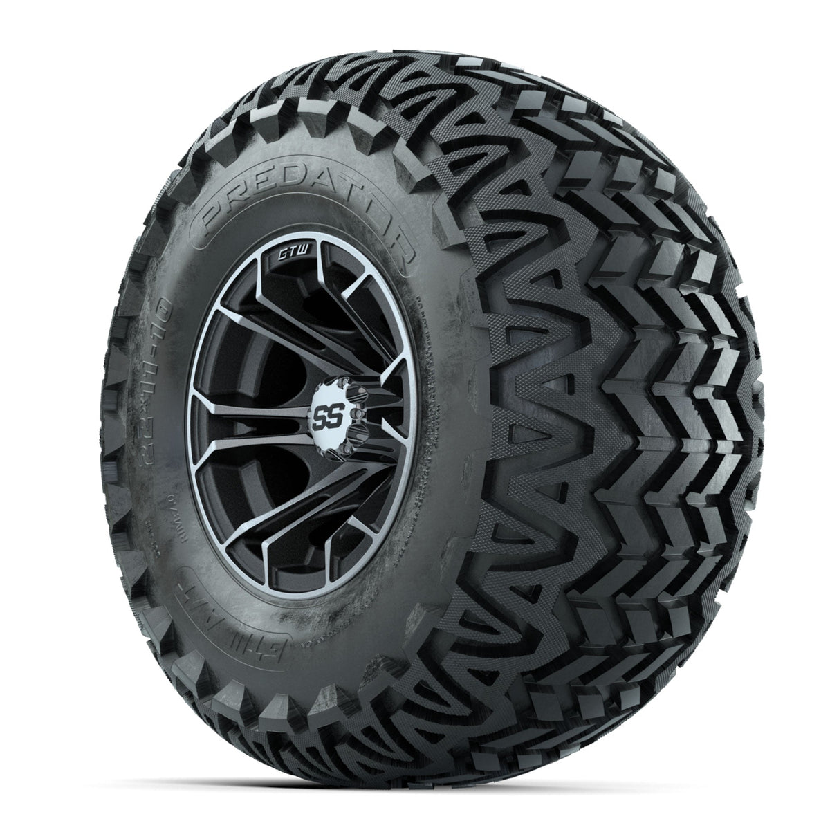 GTW Spyder Machined/Matte Grey 10 in Wheels with 22x11-10 Predator All Terrain Tires Full Set