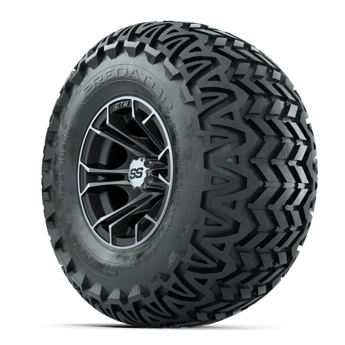 GTW Spyder Machined/Matte Grey 10 in Wheels with 22x11-10 Predator All Terrain Tires Full Set