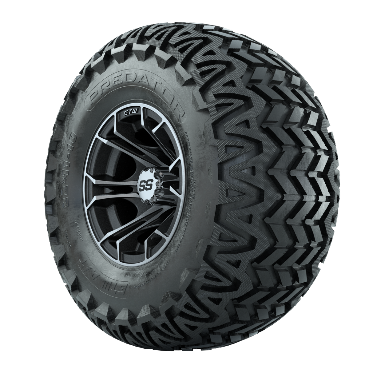 GTW Spyder Machined/Matte Grey 10 in Wheels with 22x11-10 Predator All Terrain Tires Full Set