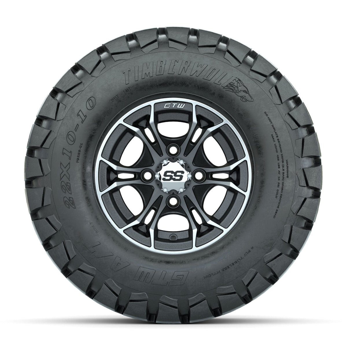 GTW Spyder Machined/Matte Grey 10 in Wheels with 22x10-10 Timberwolf All Terrain Tires Full Set