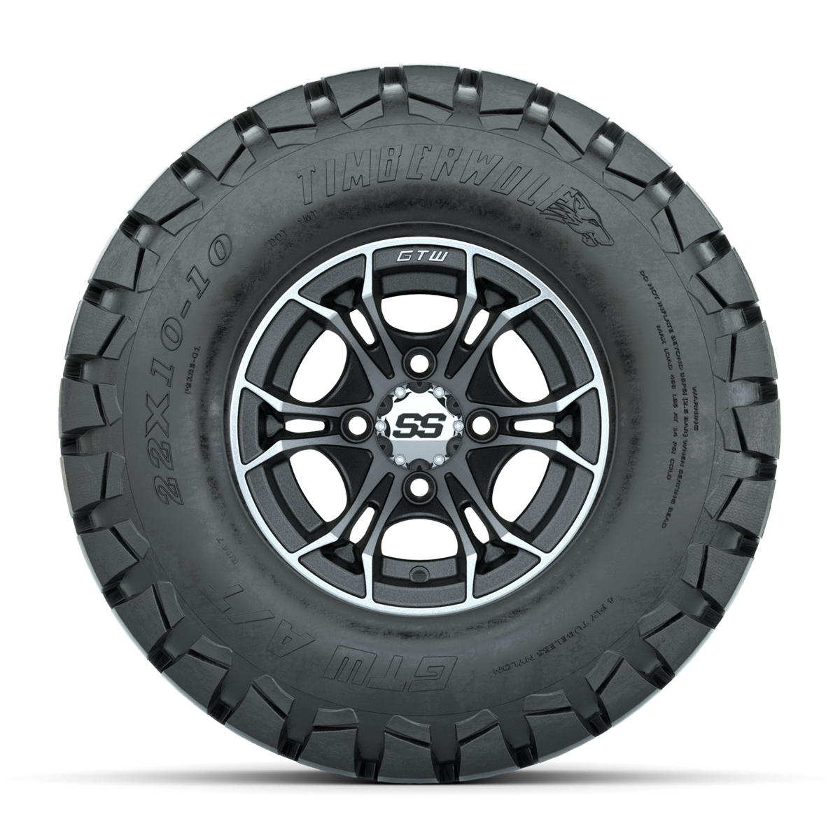 GTW Spyder Machined/Matte Grey 10 in Wheels with 22x10-10 Timberwolf All Terrain Tires Full Set