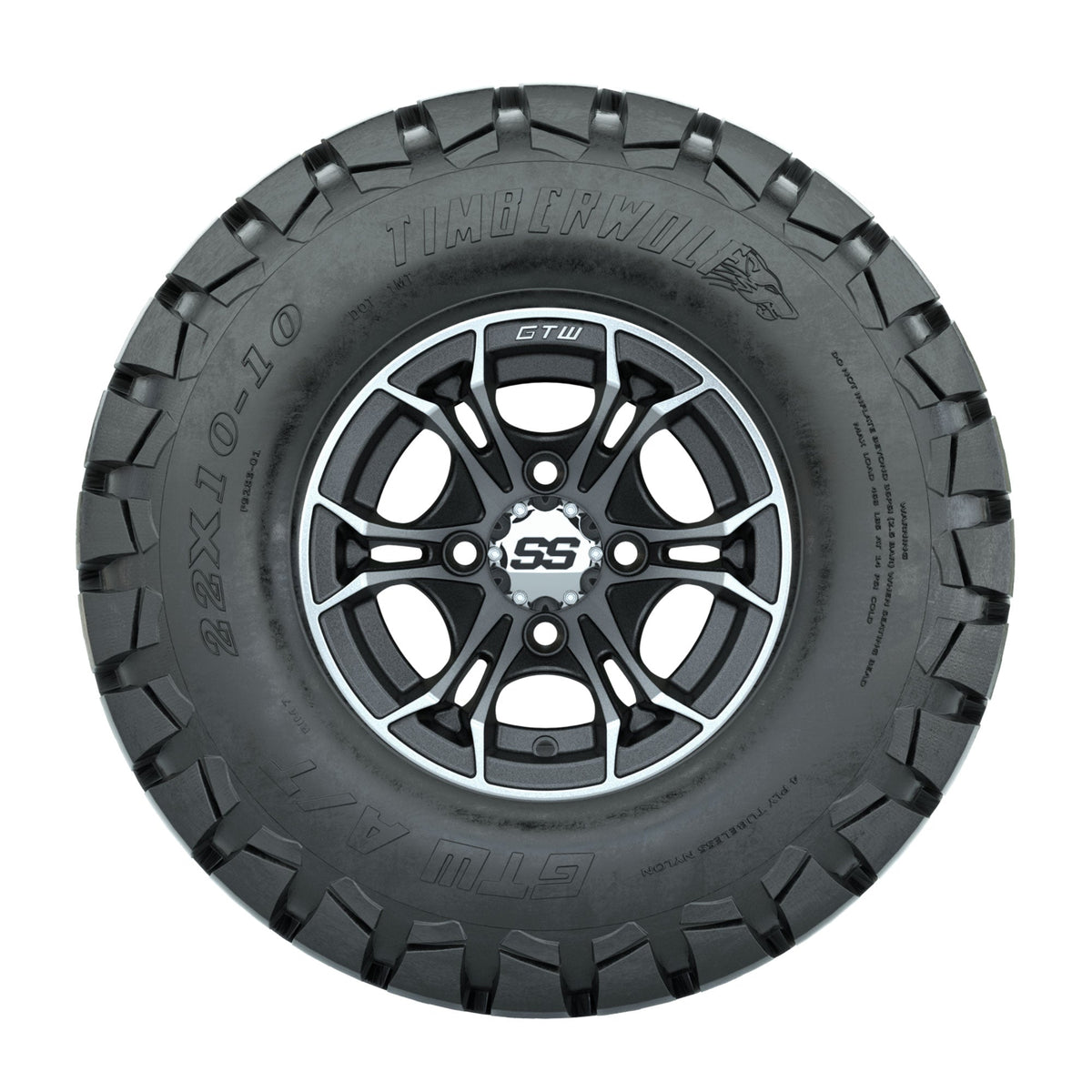 GTW Spyder Machined/Matte Grey 10 in Wheels with 22x10-10 Timberwolf All Terrain Tires Full Set