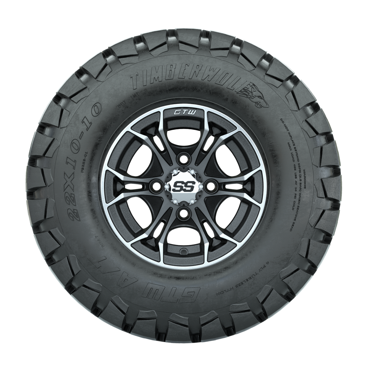 GTW Spyder Machined/Matte Grey 10 in Wheels with 22x10-10 Timberwolf All Terrain Tires Full Set