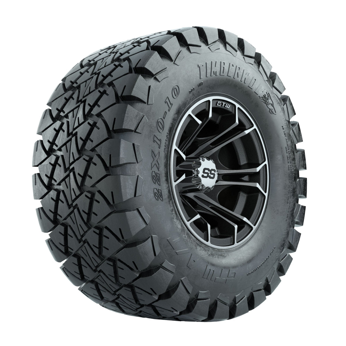 GTW Spyder Machined/Matte Grey 10 in Wheels with 22x10-10 Timberwolf All Terrain Tires Full Set