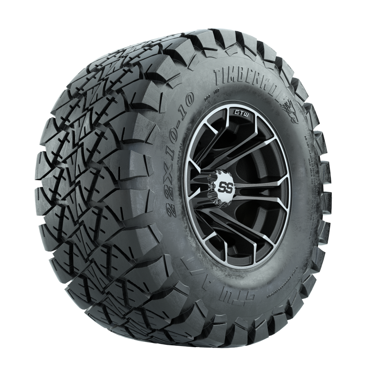 GTW Spyder Machined/Matte Grey 10 in Wheels with 22x10-10 Timberwolf All Terrain Tires Full Set